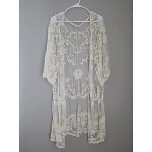 ADIVA Ivory Sheer Embroidered Mesh Floral Kimono Jacket V-Neck Women's Plus 1X